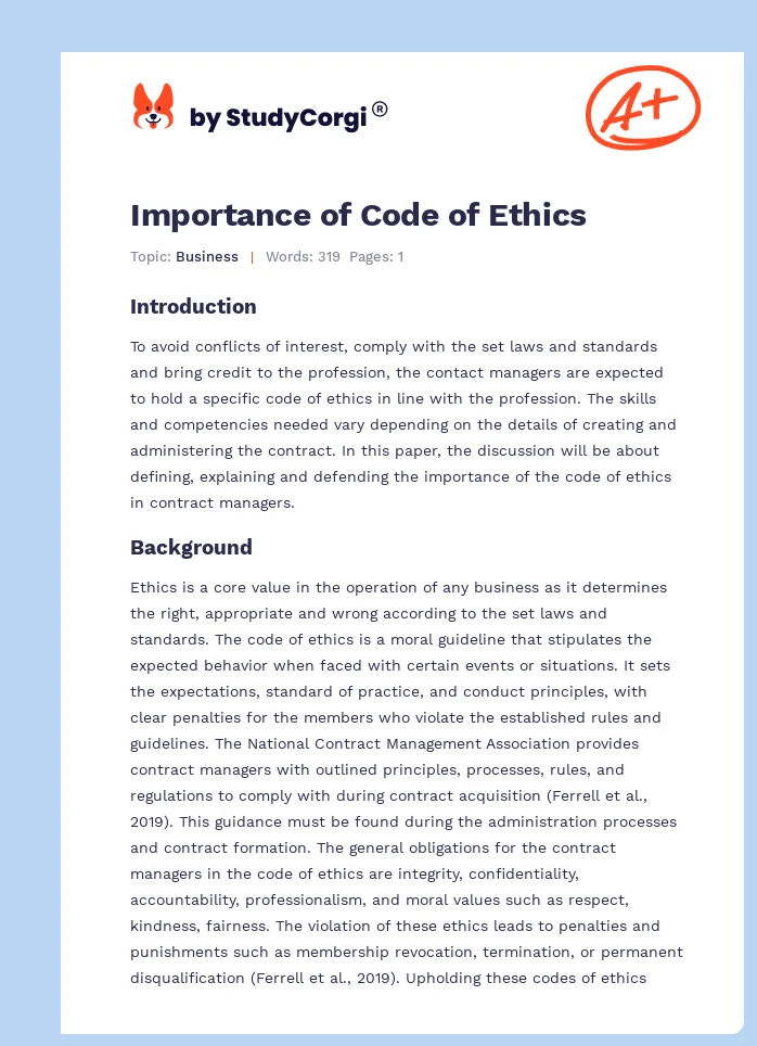 Contract Managers’ Code of Ethics in Acquisition. Page 1