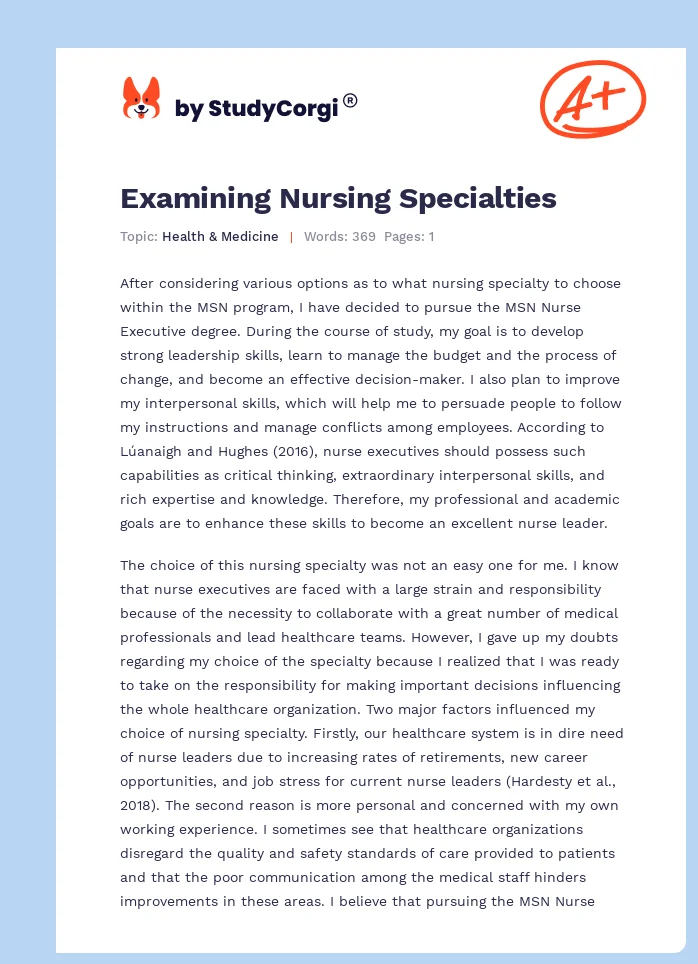Examining Nursing Specialties. Page 1