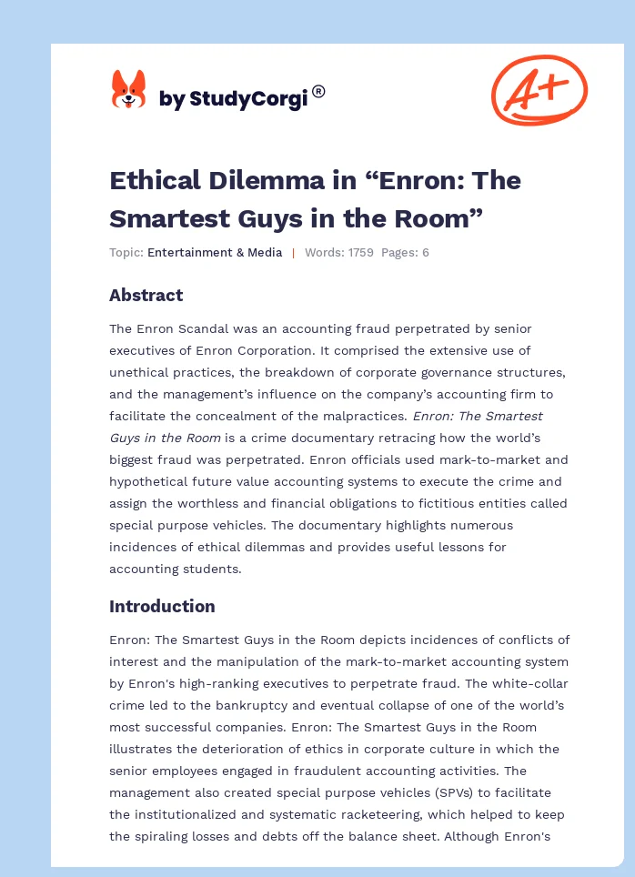Ethical Dilemma in “Enron: The Smartest Guys in the Room”. Page 1