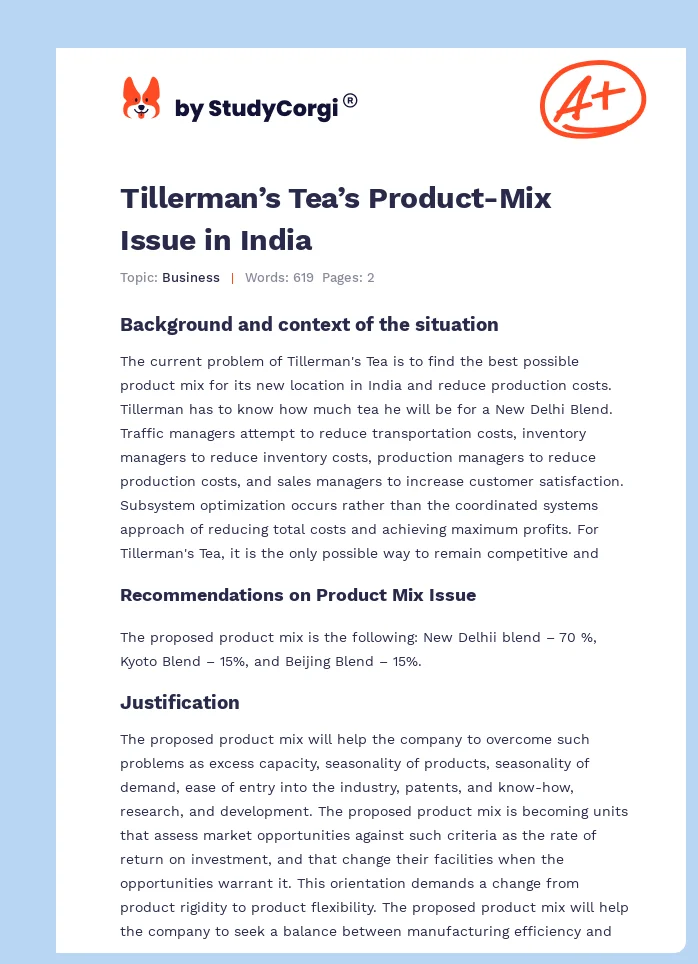 Tillerman’s Tea’s Product-Mix Issue in India. Page 1