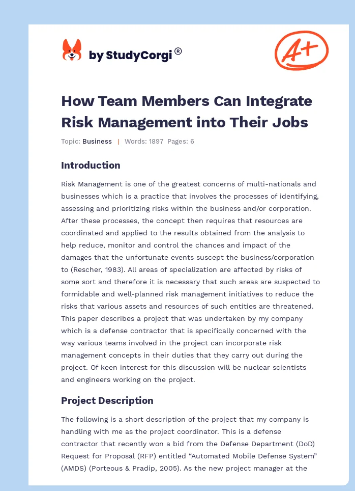How Team Members Can Integrate Risk Management into Their Jobs. Page 1