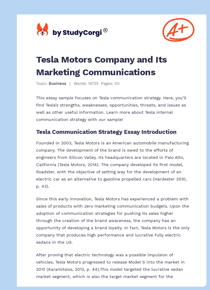 Tesla Motors Company and Its Marketing Communications. Page 1