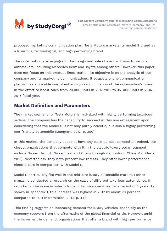Tesla Motors Company and Its Marketing Communications. Page 2