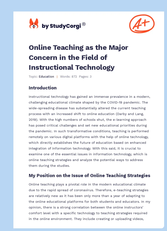 Online Teaching as the Major Concern in the Field of Instructional Technology. Page 1