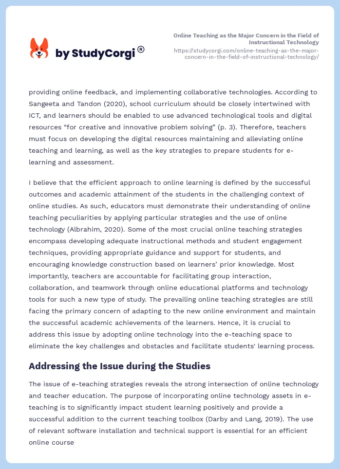 Online Teaching as the Major Concern in the Field of Instructional Technology. Page 2