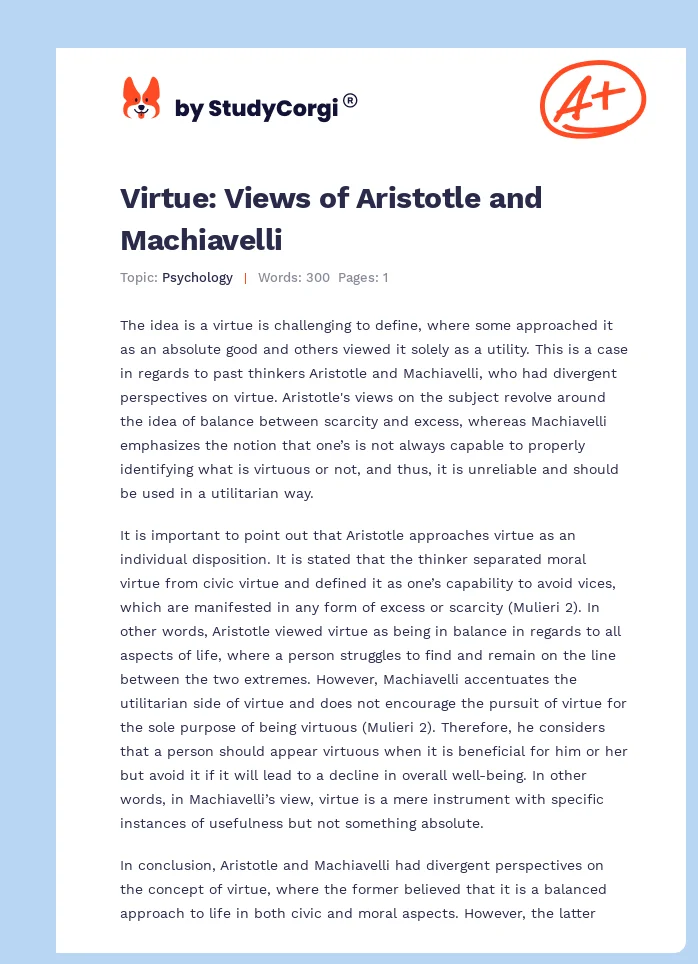 Virtue: Views of Aristotle and Machiavelli. Page 1