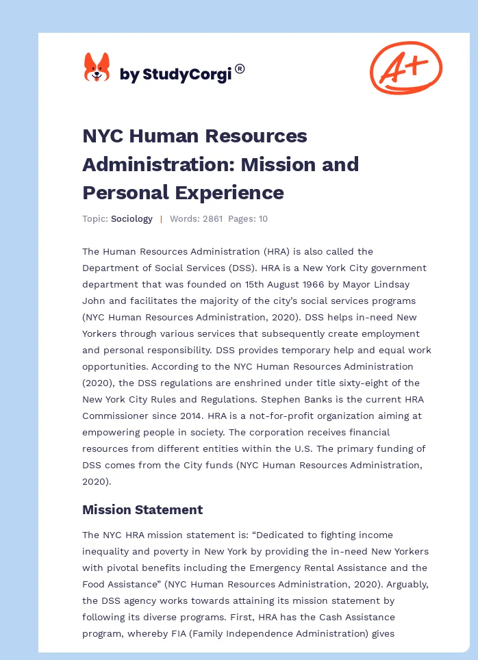 NYC Human Resources Administration: Mission and Personal Experience. Page 1