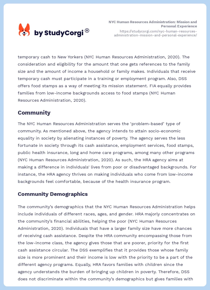NYC Human Resources Administration: Mission and Personal Experience. Page 2