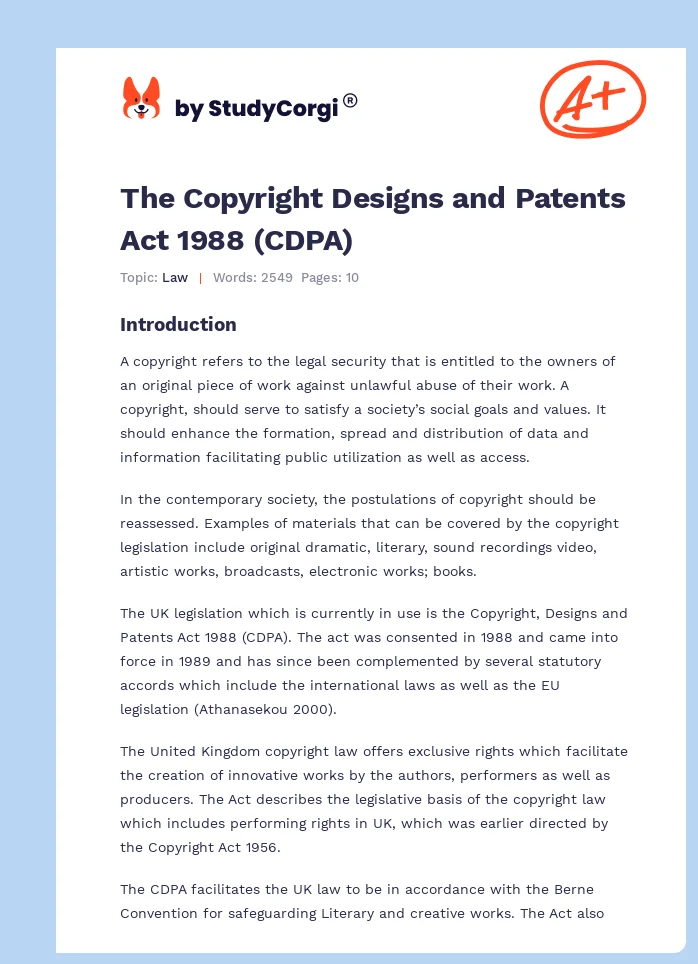 The Copyright Designs and Patents Act 1988 (CDPA). Page 1