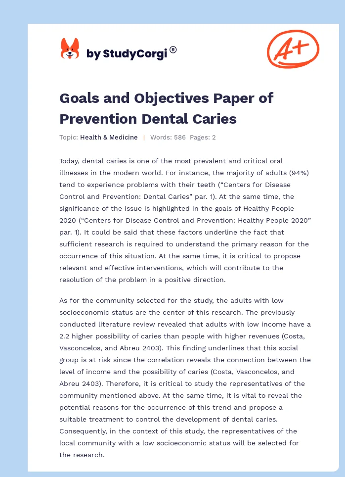 Goals and Objectives Paper of Prevention Dental Caries. Page 1
