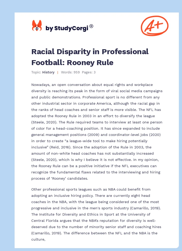 Racial Disparity in Professional Football: Rooney Rule. Page 1