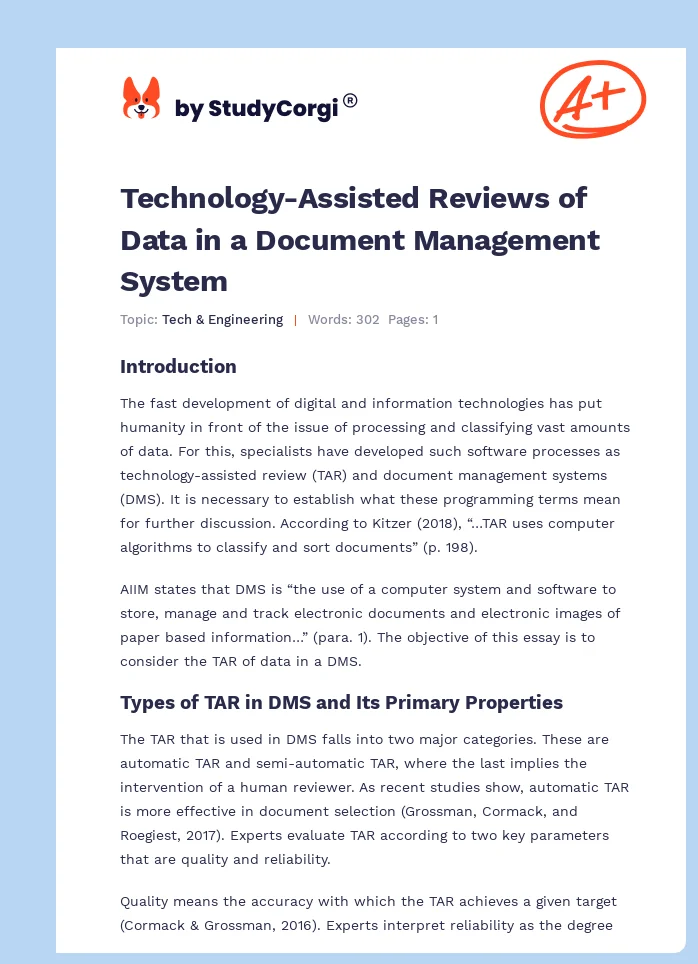 Technology-Assisted Reviews of Data in a Document Management System. Page 1