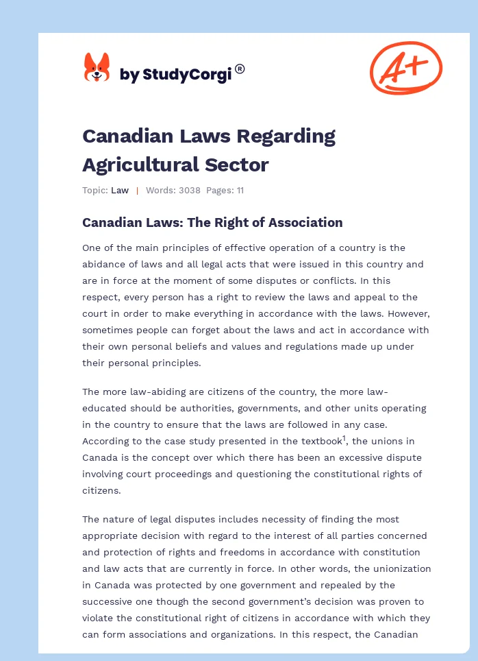 Canadian Laws Regarding Agricultural Sector. Page 1