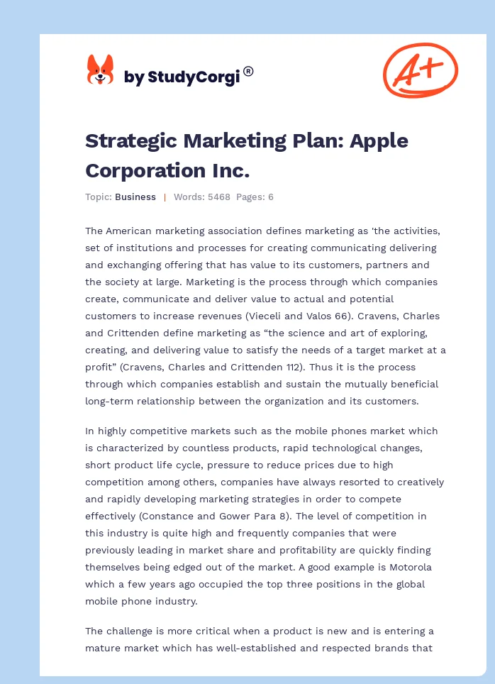 Strategic Marketing Plan: Apple Corporation Inc.. Page 1