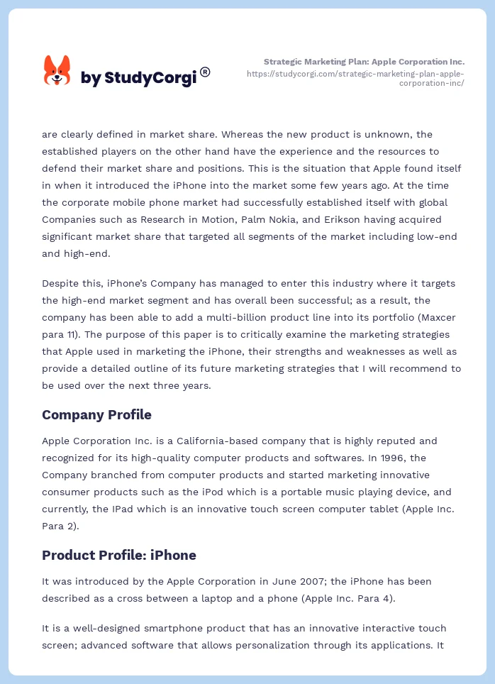 Strategic Marketing Plan: Apple Corporation Inc.. Page 2