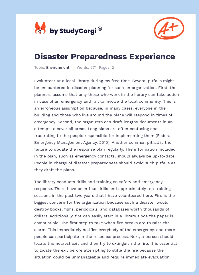 Disaster Preparedness Experience. Page 1