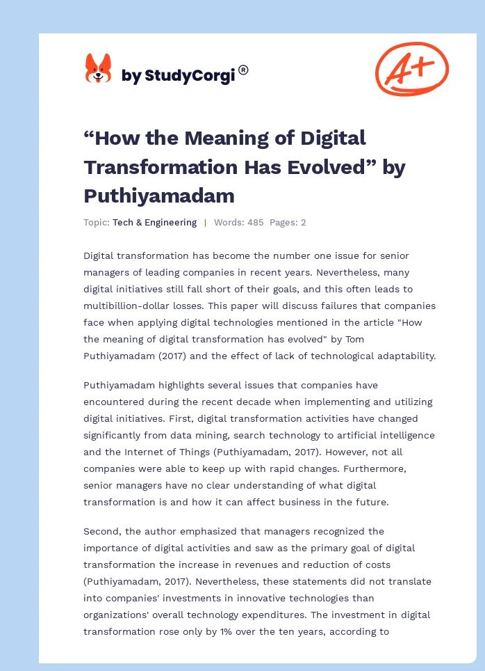 “How the Meaning of Digital Transformation Has Evolved” by Puthiyamadam. Page 1
