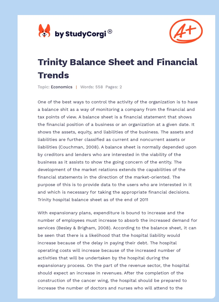 Trinity Balance Sheet and Financial Trends. Page 1