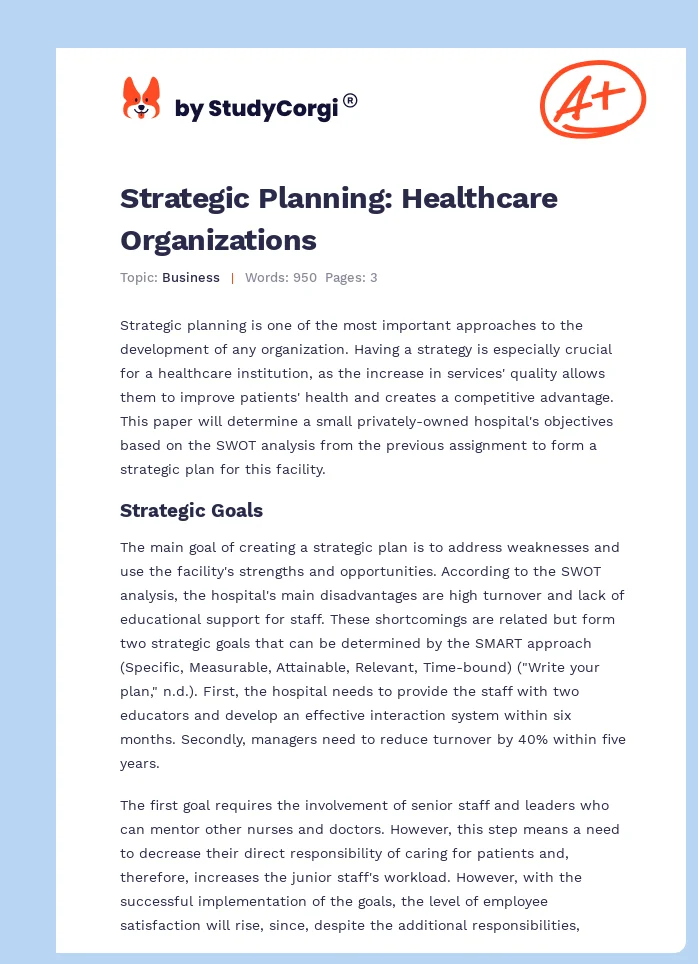 Strategic Planning: Healthcare Organizations. Page 1