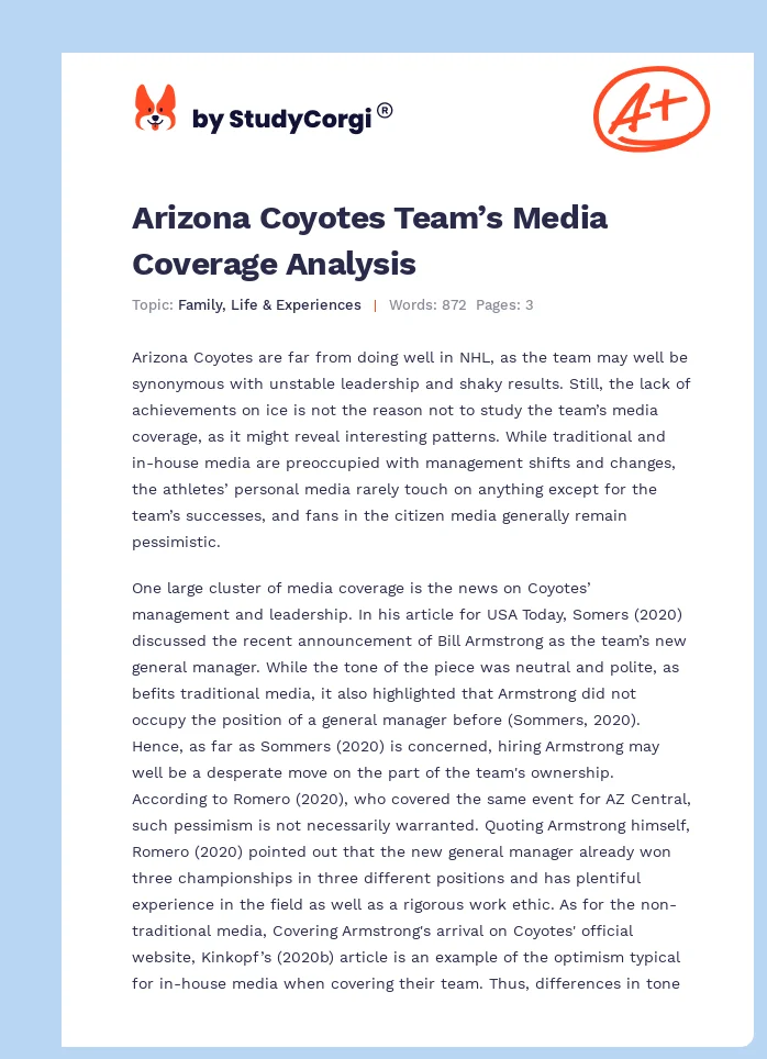 Arizona Coyotes Team’s Media Coverage Analysis. Page 1