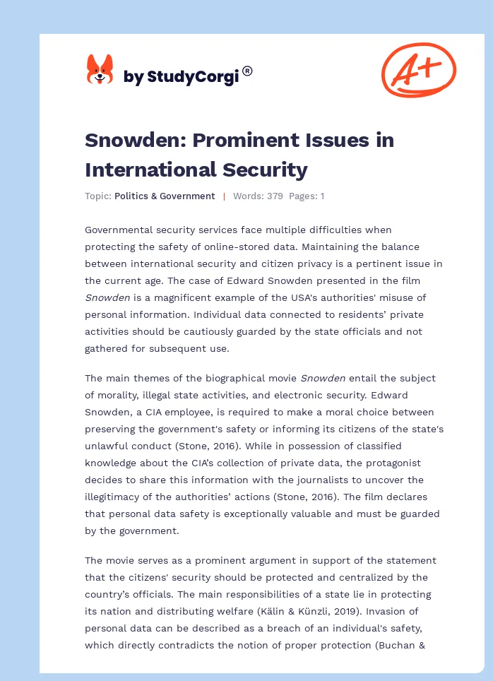 Snowden: Prominent Issues in International Security. Page 1