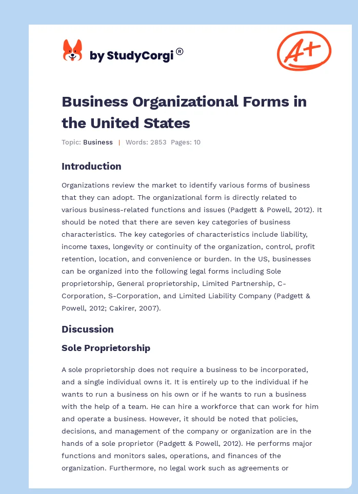 Business Organizational Forms in the United States. Page 1