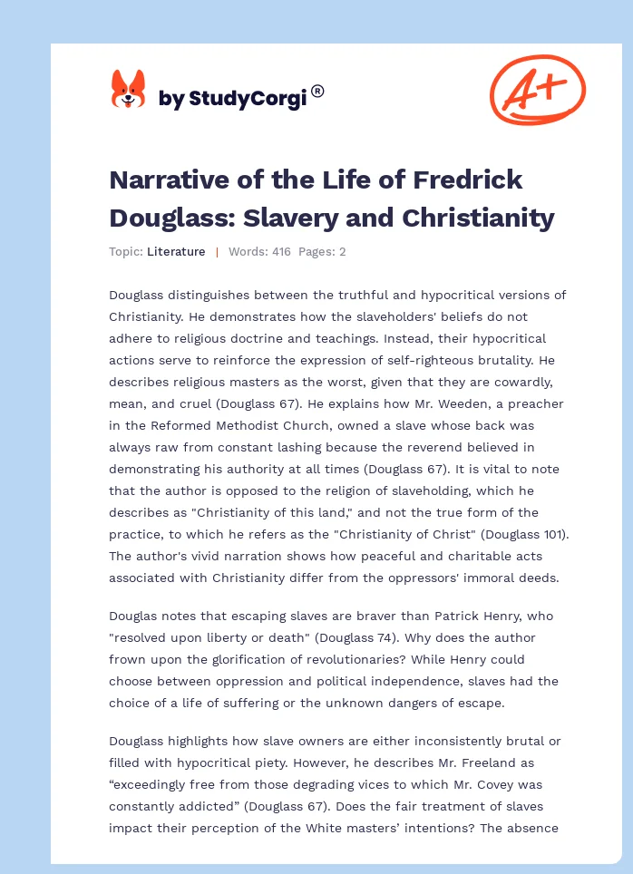 Narrative of the Life of Fredrick Douglass: Slavery and Christianity. Page 1