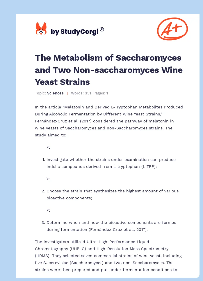 The Metabolism of Saccharomyces and Two Non-saccharomyces Wine Yeast Strains. Page 1