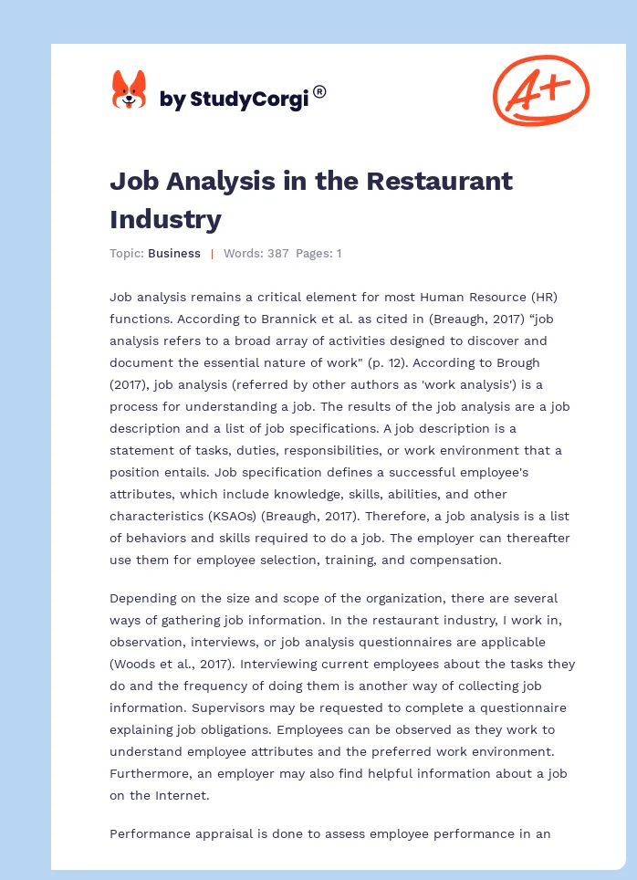 Job Analysis in the Restaurant Industry. Page 1