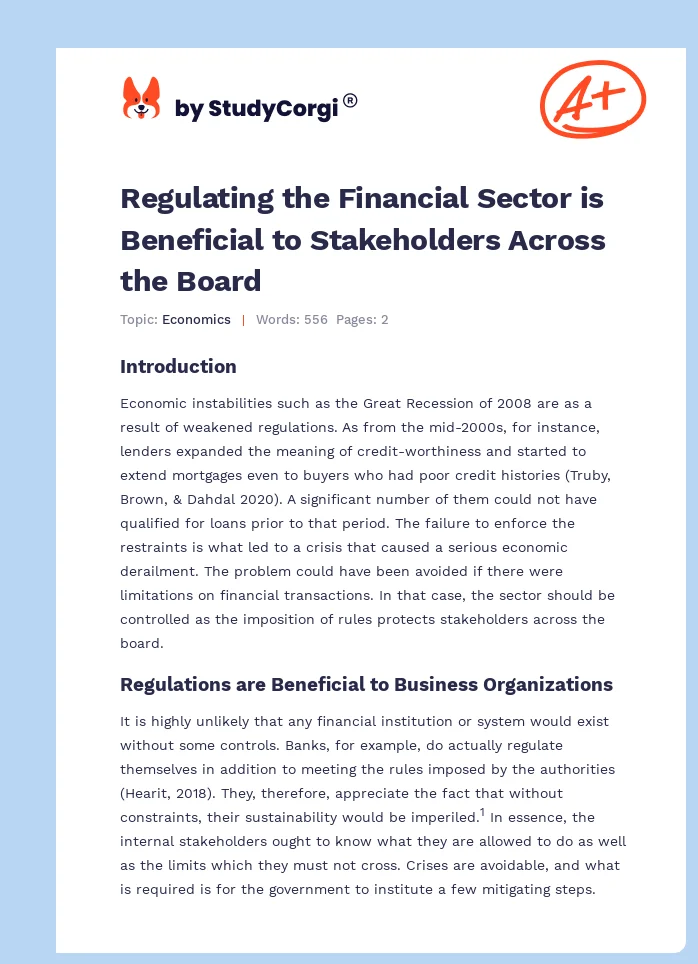 Regulating the Financial Sector is Beneficial to Stakeholders Across the Board. Page 1
