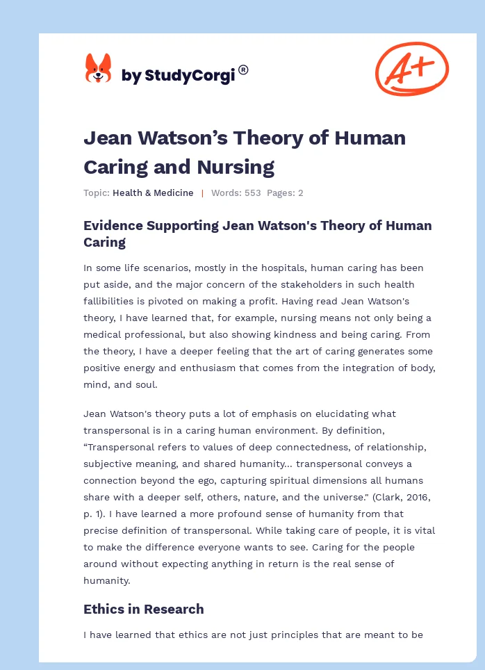 Jean Watson’s Theory of Human Caring and Nursing. Page 1
