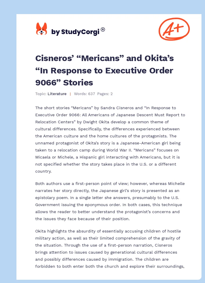 Cisneros’ “Mericans” and Okita’s “In Response to Executive Order 9066” Stories. Page 1