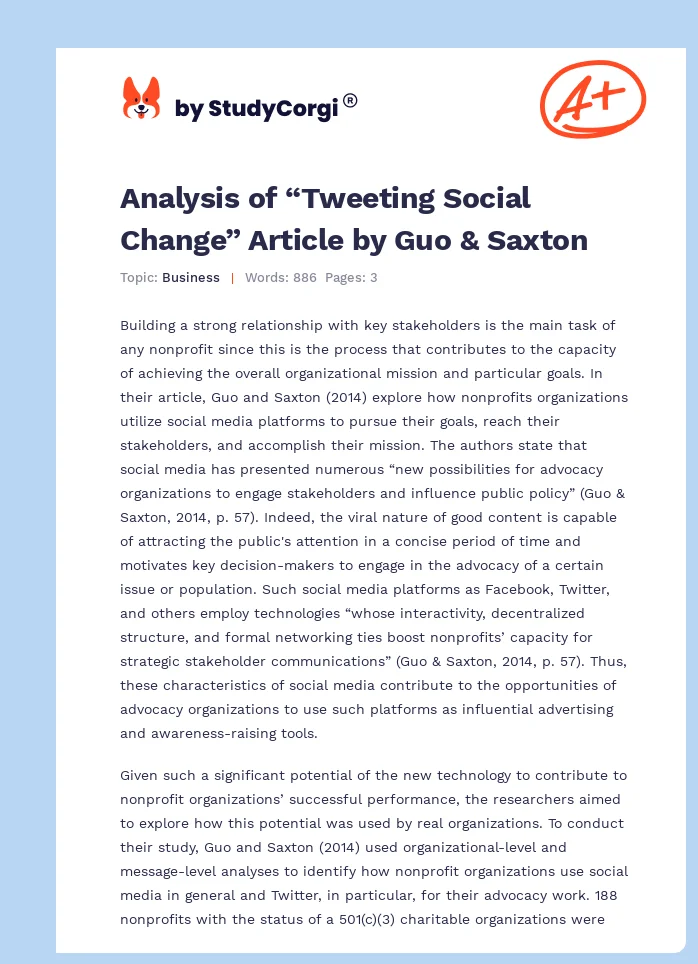 Analysis of “Tweeting Social Change” Article by Guo & Saxton. Page 1