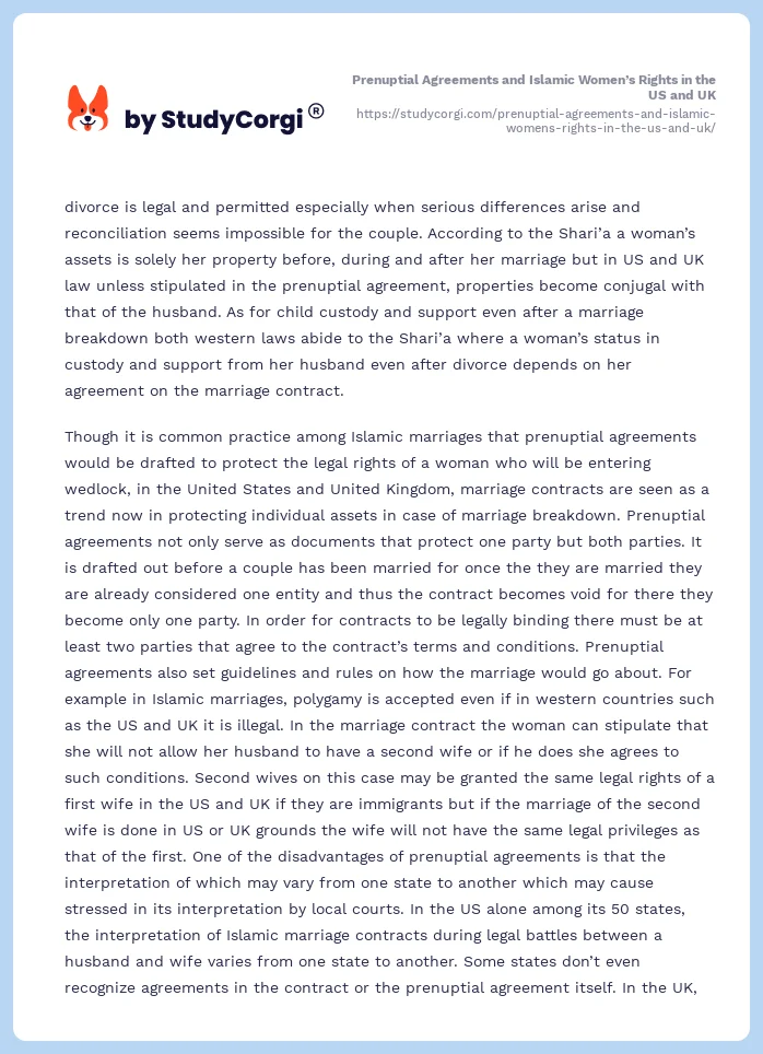 Prenuptial Agreements and Islamic Women’s Rights in the US and UK. Page 2