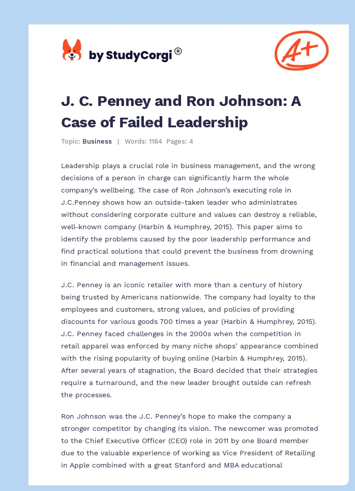 J. C. Penney and Ron Johnson: A Case of Failed Leadership. Page 1