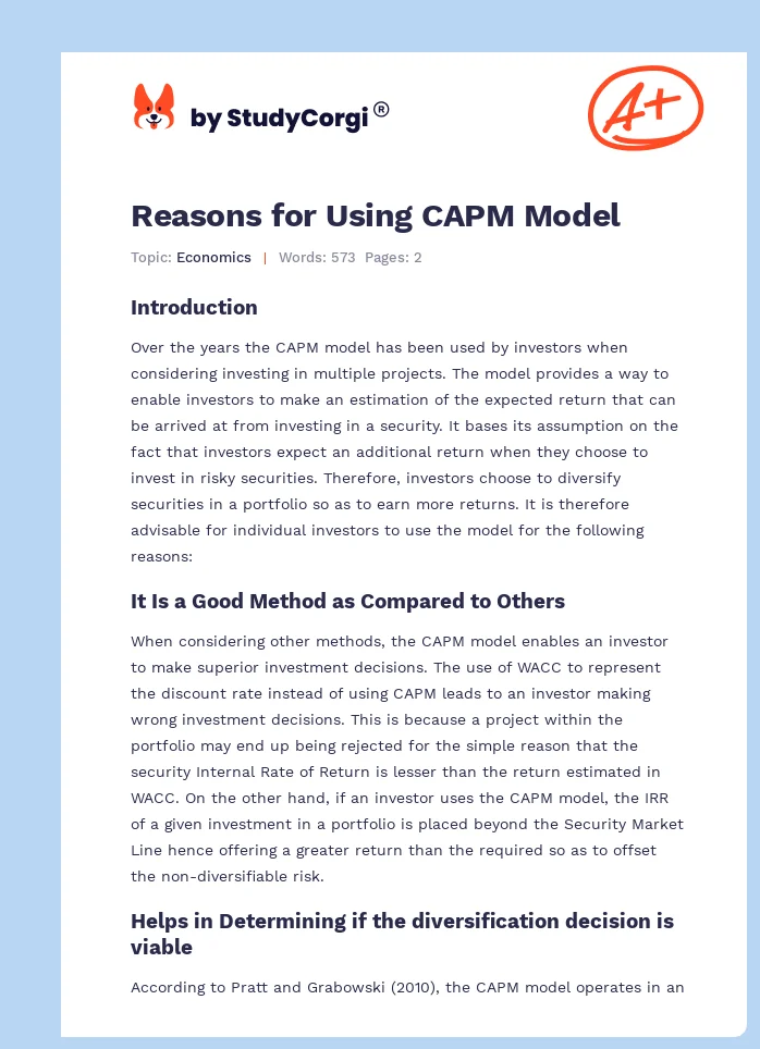 Reasons for Using CAPM Model. Page 1