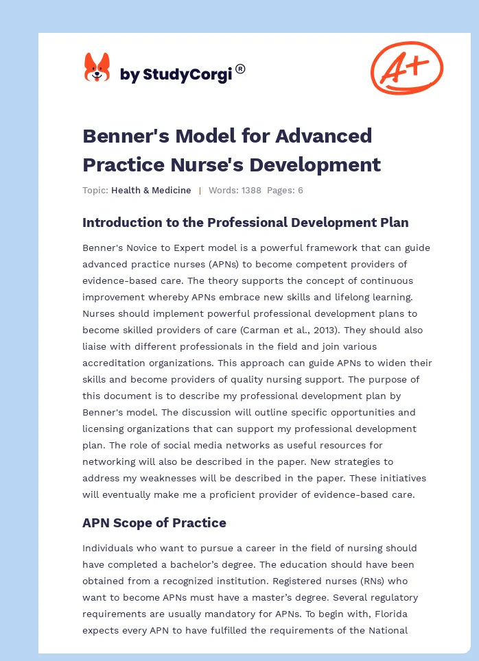 Benner's Model for Advanced Practice Nurse's Development. Page 1