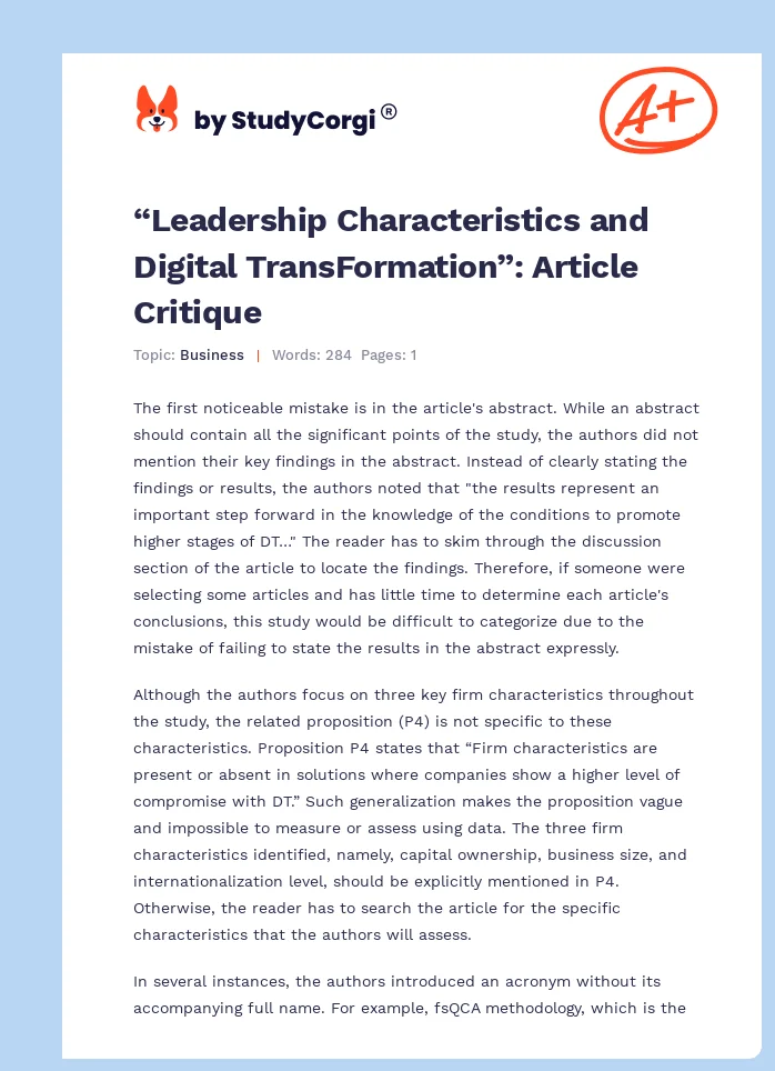 “Leadership Characteristics and Digital TransFormation”: Article Critique. Page 1