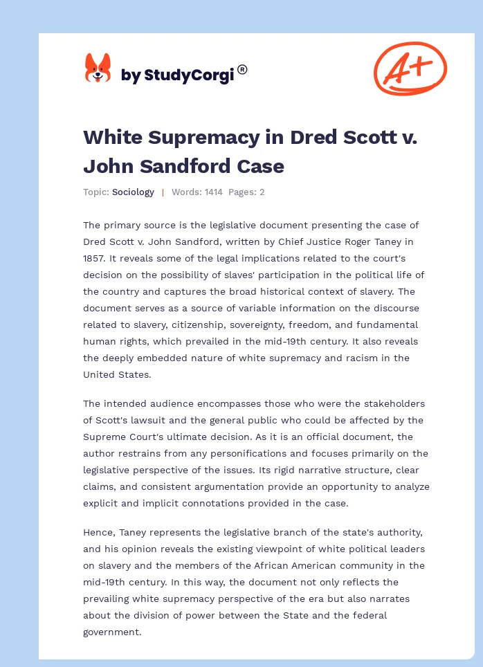 White Supremacy in Dred Scott v. John Sandford Case. Page 1