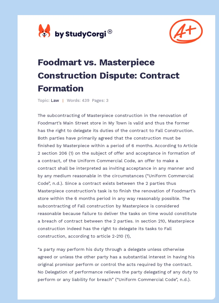 Foodmart vs. Masterpiece Construction Dispute: Contract Formation. Page 1