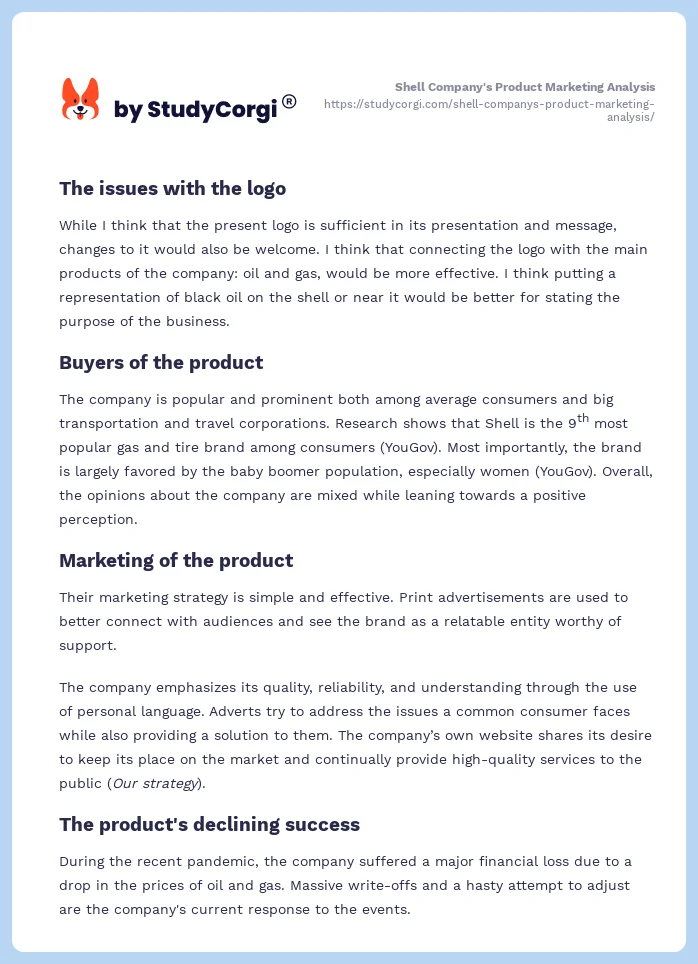 Shell Company's Product Marketing Analysis. Page 2