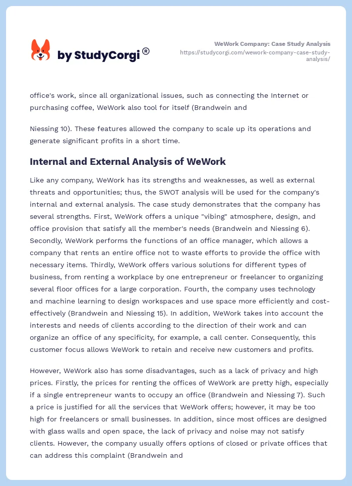 WeWork Company: Case Study Analysis. Page 2