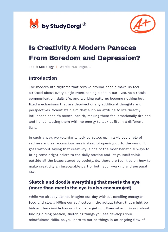 Is Creativity A Modern Panacea From Boredom and Depression?. Page 1