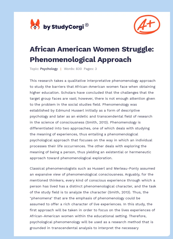 African American Women Struggle: Phenomenological Approach. Page 1