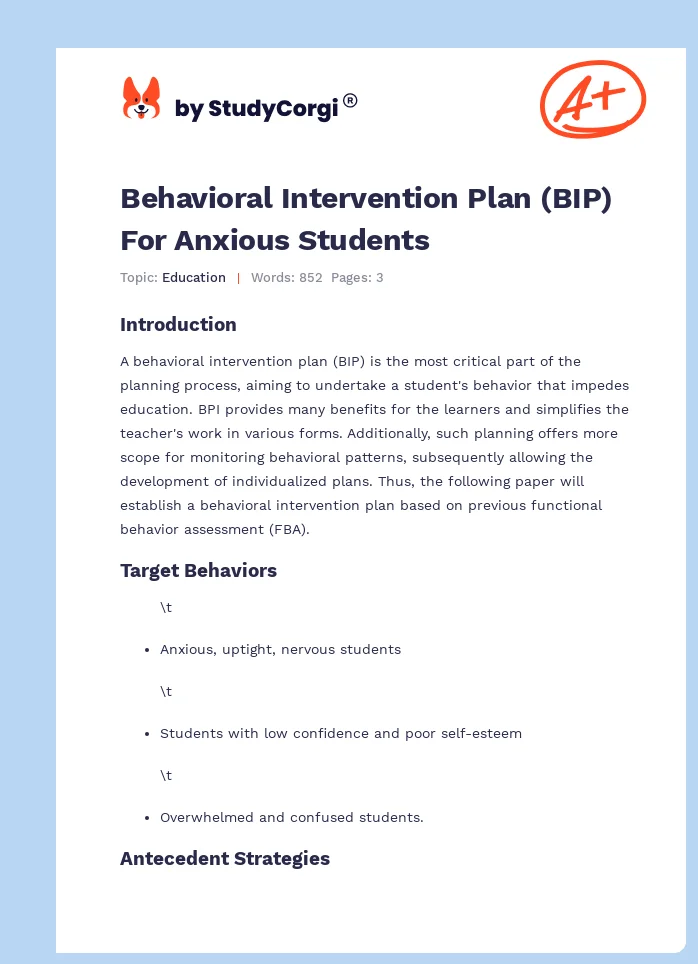 Behavioral Intervention Plan (BIP) For Anxious Students. Page 1