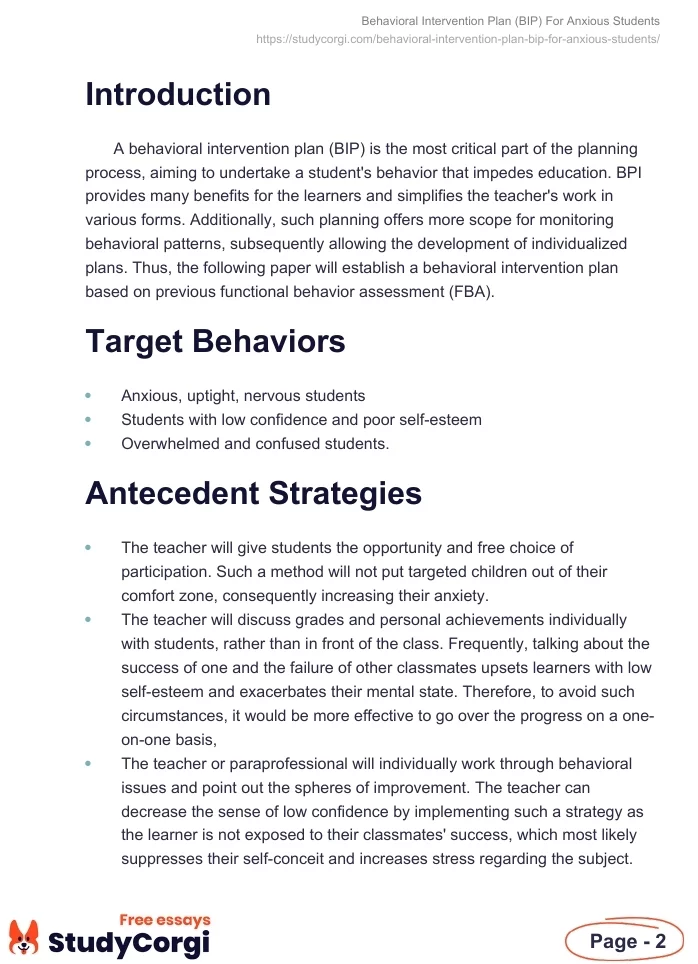 Behavioral Intervention Plan (BIP) For Anxious Students. Page 2