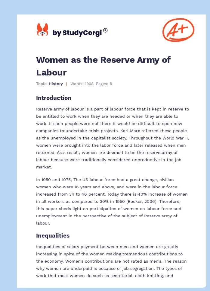 Women as the Reserve Army of Labour. Page 1