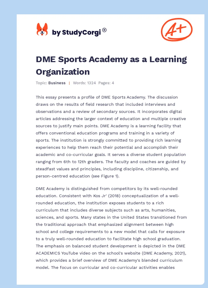 DME Sports Academy as a Learning Organization. Page 1