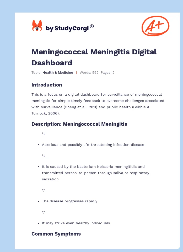 Meningococcal Meningitis Digital Dashboard. Page 1