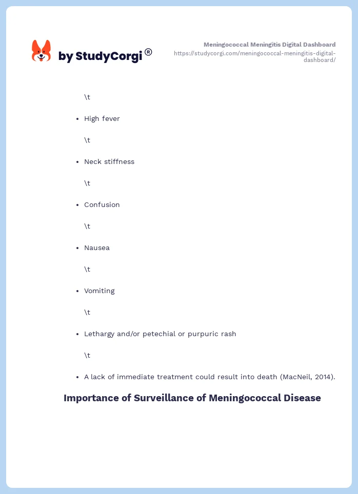 Meningococcal Meningitis Digital Dashboard. Page 2
